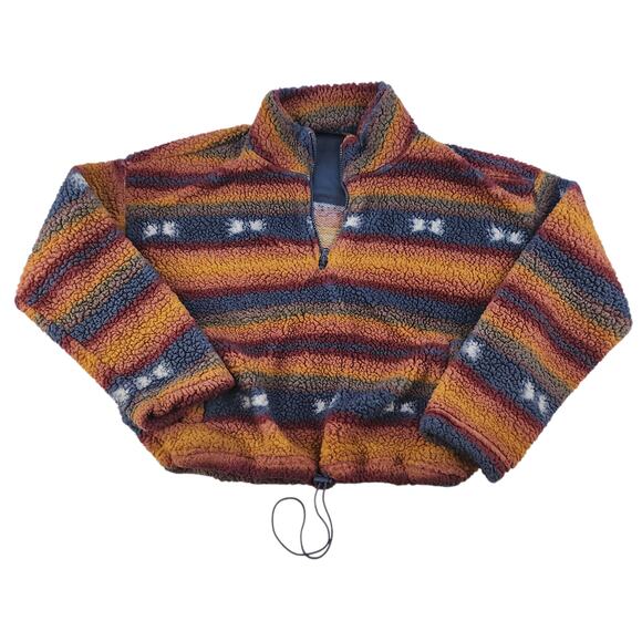 Yellow Striped Sweater Womens Medium Faux Fur Fuzzy Cropped Blue Western Boho - Picture 4 of 14